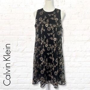 New! Calvin Klein Womens Embroidered Sheer A-Line Dress Size 8 Black